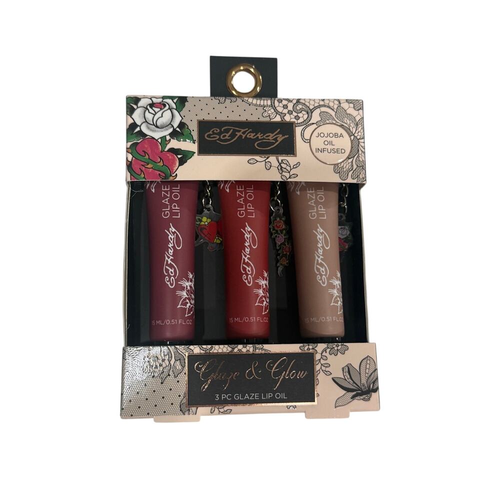 NWT Ed Hardy 3pc Glaze & Glow Lip Oil Set - Includes 3 Iconic Tattoo Charms